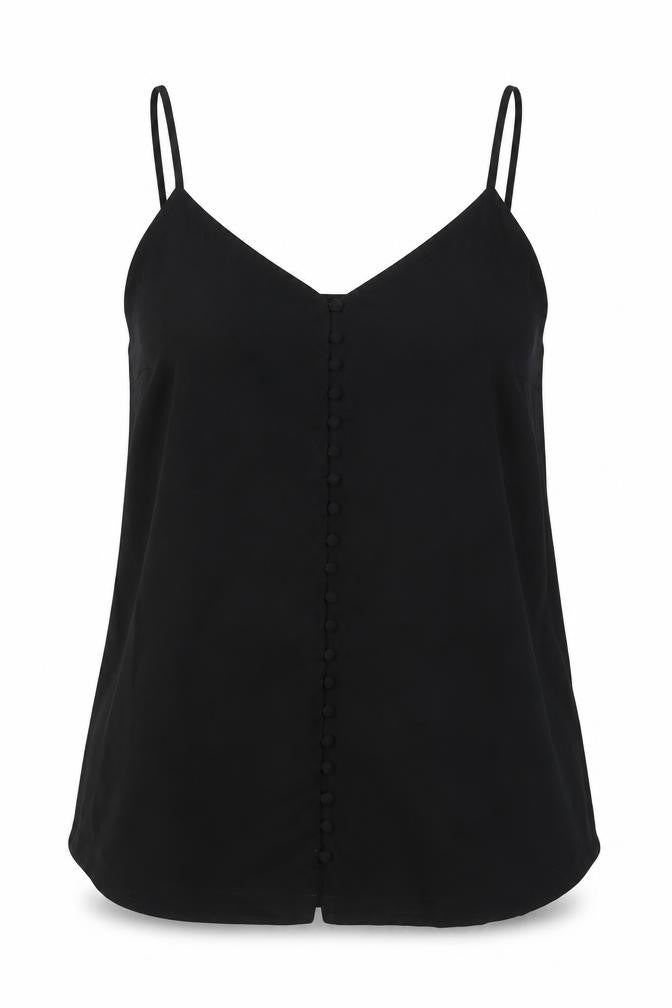 Front view of Very women’s black polyester camisole t-shirt, size UK 12, v-neck