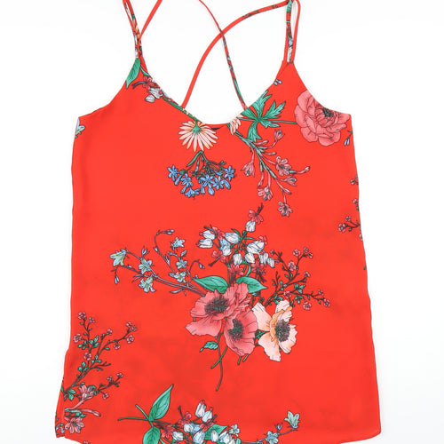 New Look Womens Red Floral Polyester Camisole T-Shirt Size 12 V-Neck