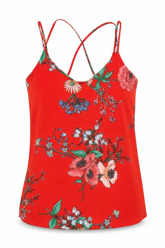 Front view of New Look women’s red floral polyester camisole t-shirt, size UK 12, v-neck