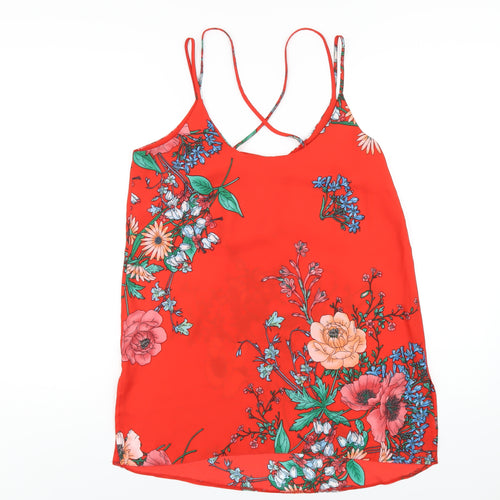 New Look Womens Red Floral Polyester Camisole T-Shirt Size 12 V-Neck