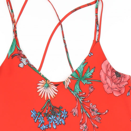New Look Womens Red Floral Polyester Camisole T-Shirt Size 12 V-Neck