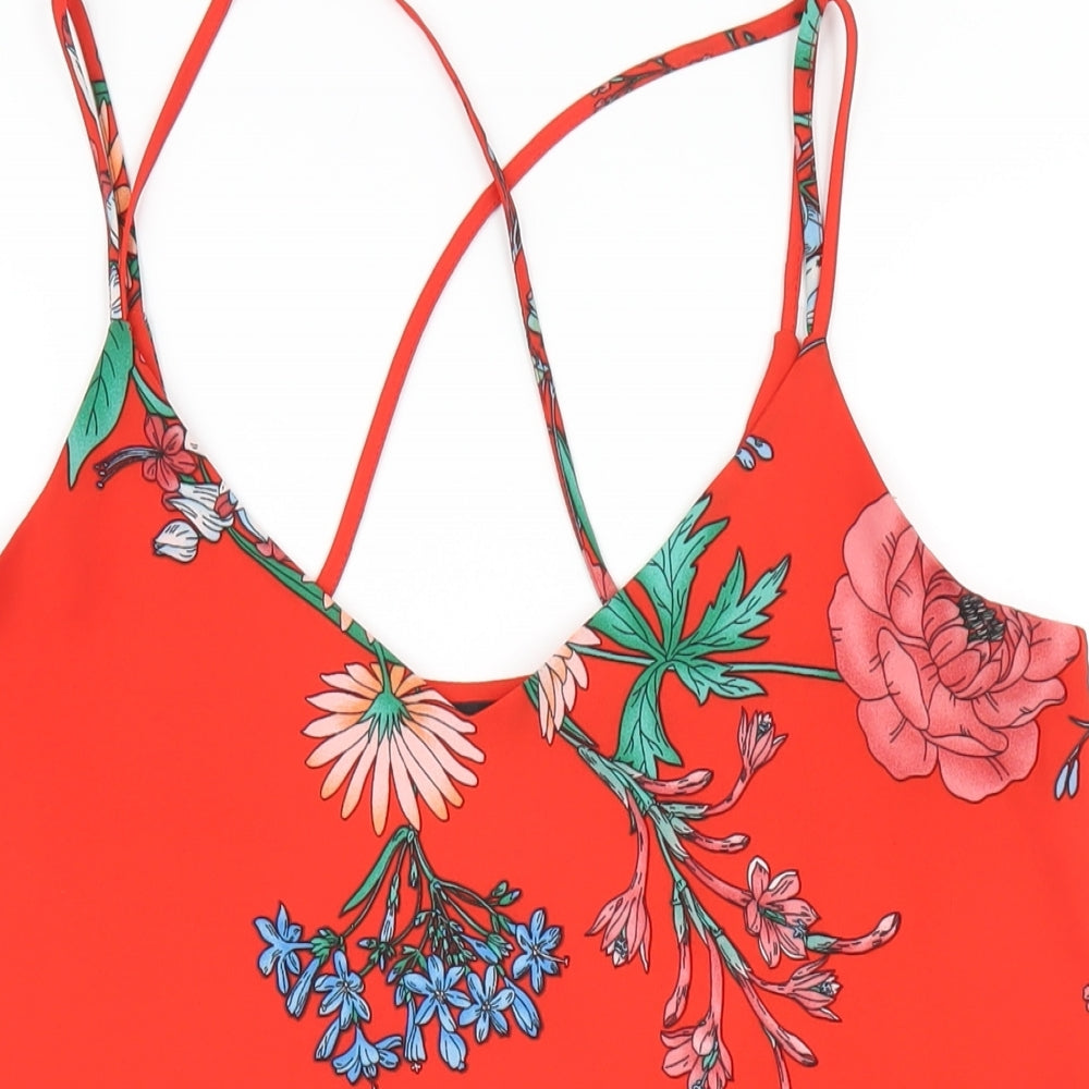 New Look Womens Red Floral Polyester Camisole T-Shirt Size 12 V-Neck