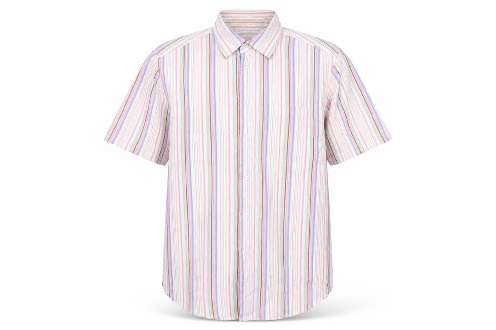 Front view of Slaters men’s multicoloured striped cotton button-up, size L, collared button