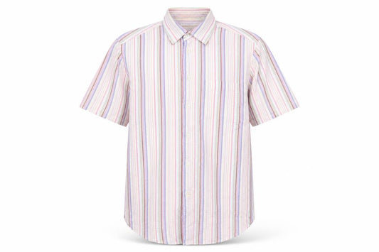 Front view of Slaters men’s multicoloured striped cotton button-up, size L, collared button