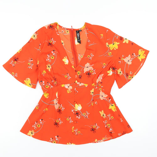 Influence Womens Orange Floral Polyester Basic T-Shirt Size 8 V-Neck