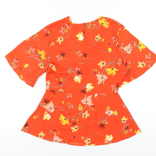 Influence Womens Orange Floral Polyester Basic T-Shirt Size 8 V-Neck