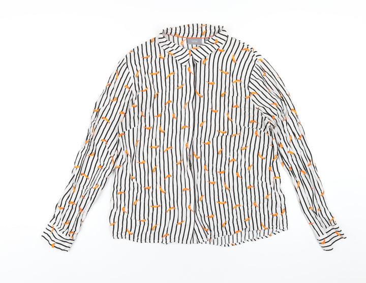 b.young Womens White Striped Viscose Basic Button-Up Size 10 Collared