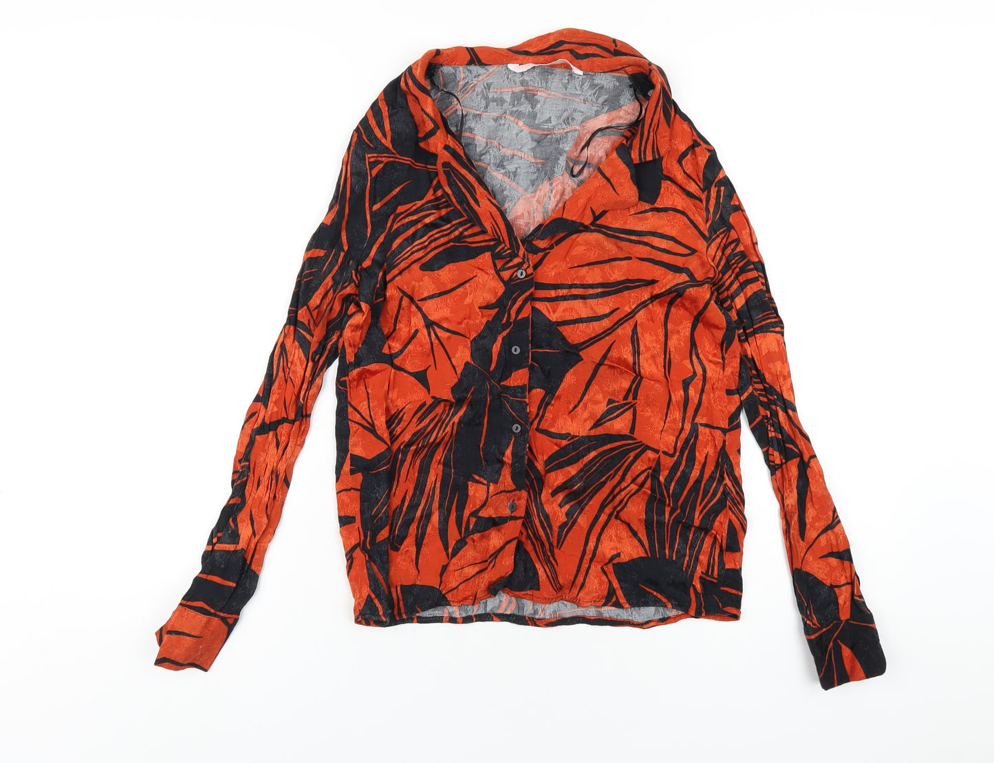 Zara Womens Orange Geometric Viscose Basic Button-Up Size XS Collared