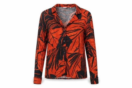 Front view of Zara women’s orange geometric viscose basic button-up, size XS, collared
