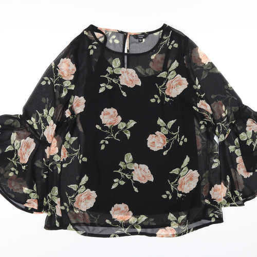 Joanna Hope Womens Black Floral Polyester Basic T-Shirt Size 16 Round Neck