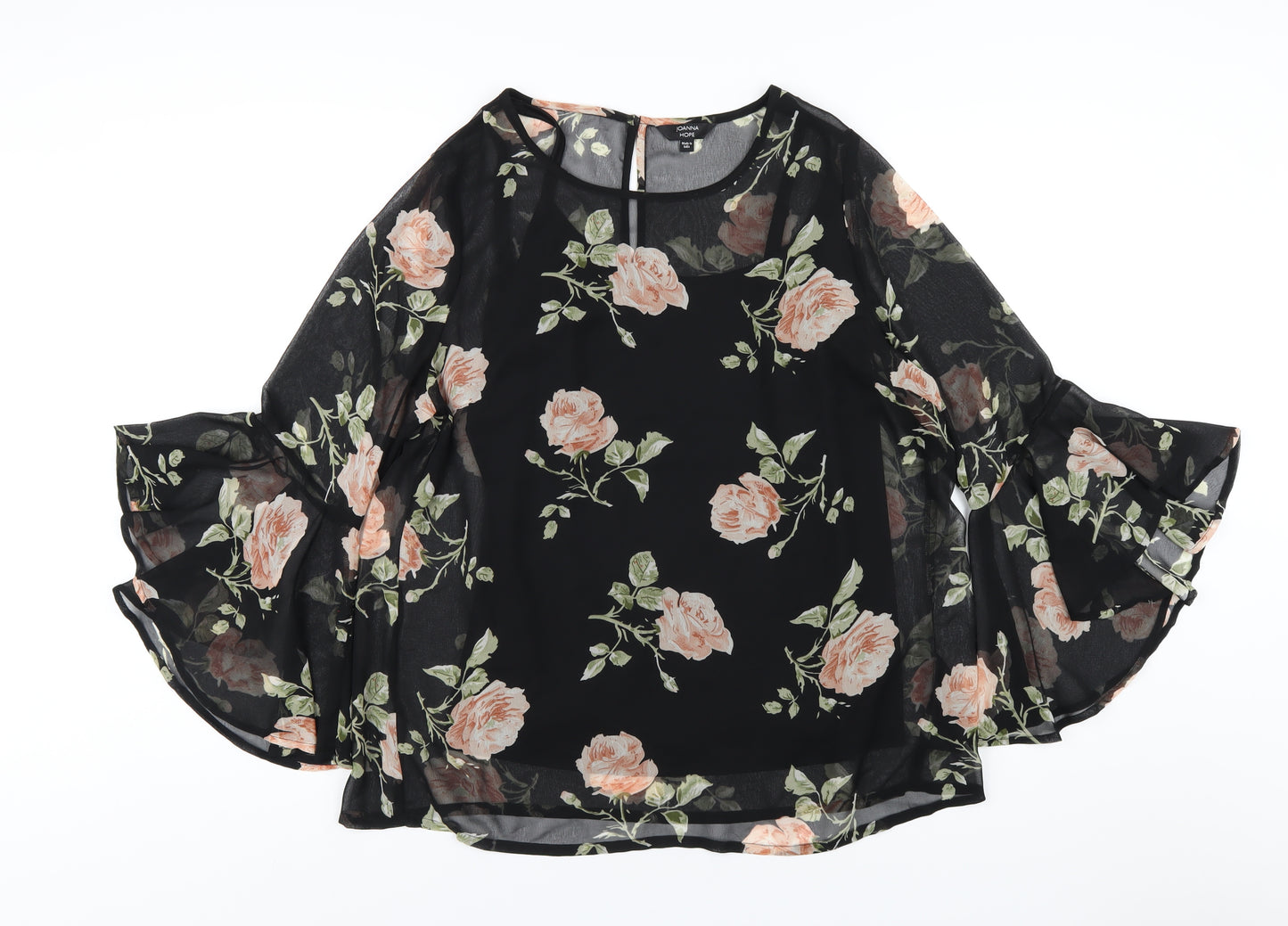 Joanna Hope Womens Black Floral Polyester Basic T-Shirt Size 16 Round Neck