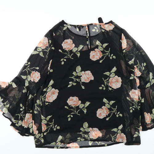 Joanna Hope Womens Black Floral Polyester Basic T-Shirt Size 16 Round Neck