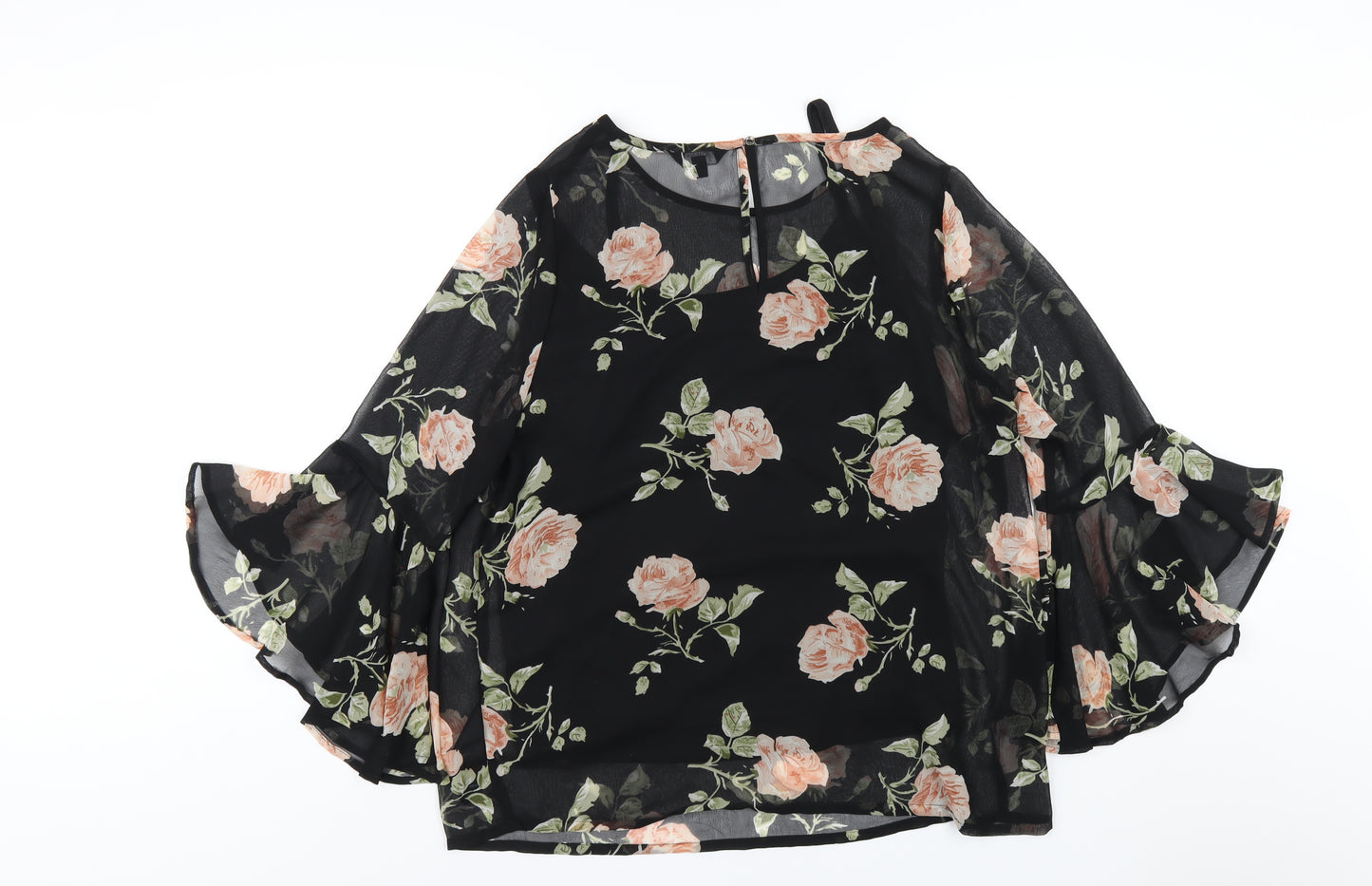 Joanna Hope Womens Black Floral Polyester Basic T-Shirt Size 16 Round Neck