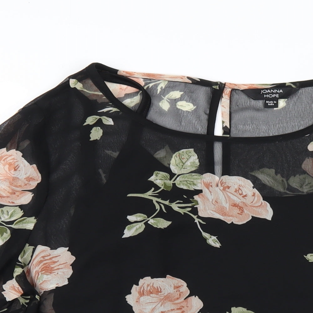 Joanna Hope Womens Black Floral Polyester Basic T-Shirt Size 16 Round Neck