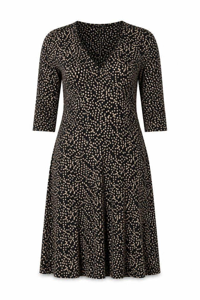 Front view of Oasis women’s black polka dot viscose a-line, size L, v-neck pullover