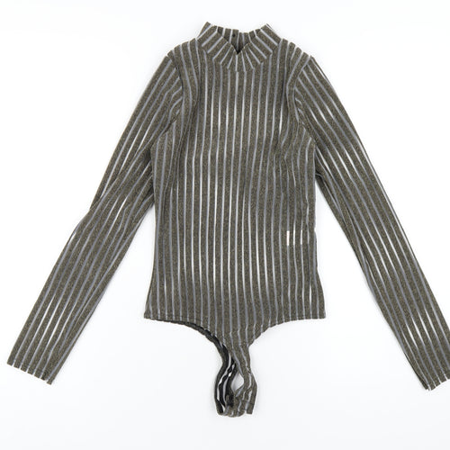 PRETTYLITTLETHING Womens Gold Striped Polyester Bodysuit One-Piece Size 10 Button