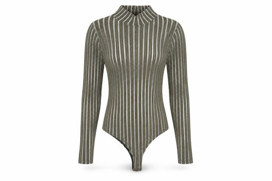 Front view of PRETTYLITTLETHING women’s gold striped polyester bodysuit one-piece, size UK 10, button