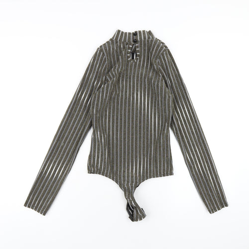 PRETTYLITTLETHING Womens Gold Striped Polyester Bodysuit One-Piece Size 10 Button