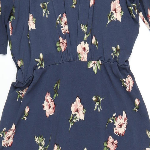 Osis Womens Blue Floral Polyester A-Line Size M V-Neck Pullover