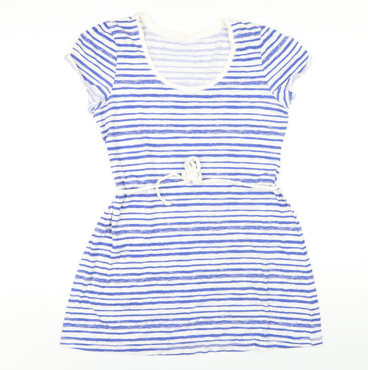 Marks and Spencer Womens Blue Striped Cotton A-Line Size 14 Scoop Neck Pullover