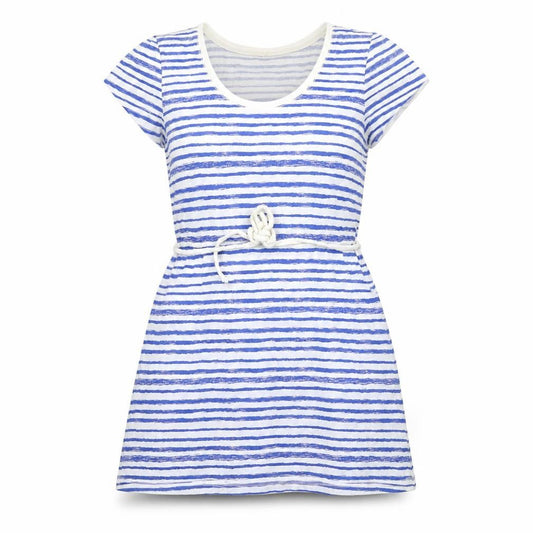 Front view of Marks & Spencer women’s blue striped cotton a-line, size UK 14, scoop neck pullover
