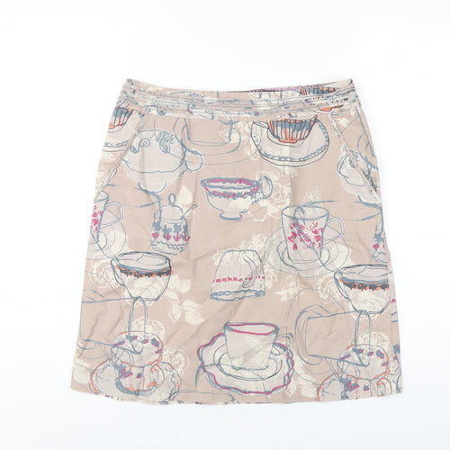 White Stuff Womens Brown Geometric Linen A-Line Skirt Size 10 Zip