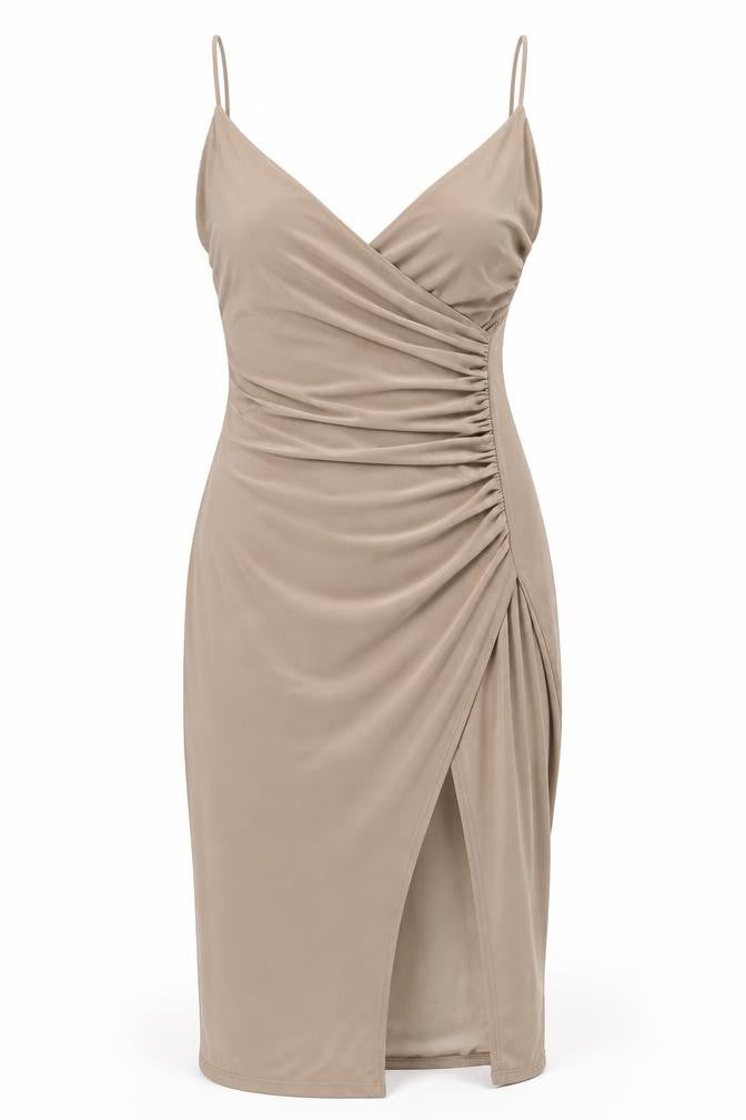 Front view of Misspap women’s beige polyester bodycon, size UK 8, v-neck pullover
