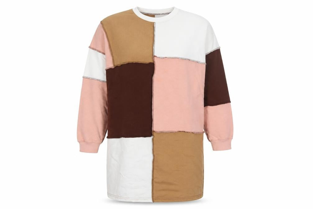 Front view of Missguided women’s multicoloured colourblock polyester jumper dress, size UK 14, crew neck pullover