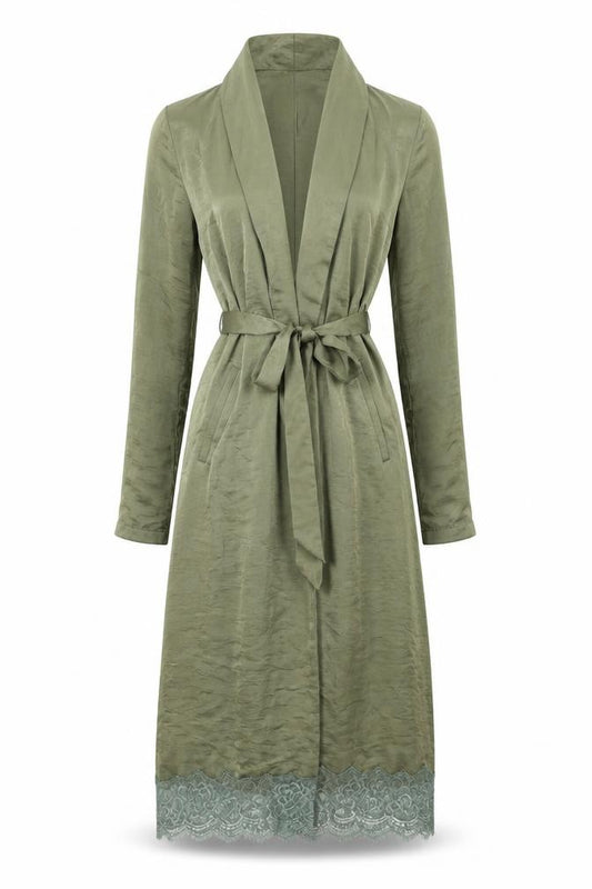 Front view of Missguided women’s green polyester wrap dress, size UK 8, v-neck tie