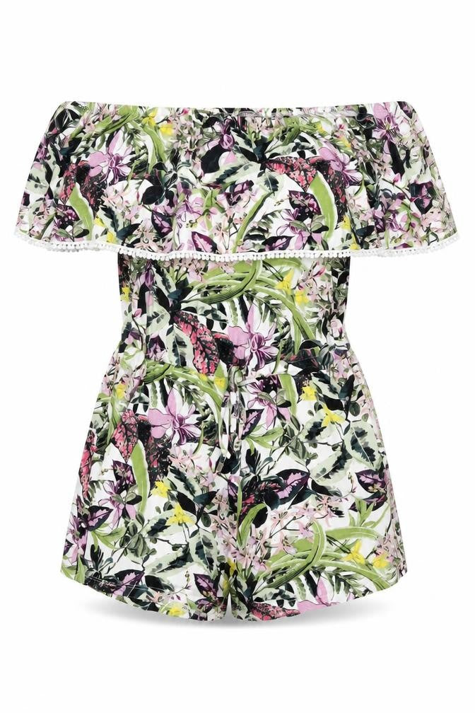 Front view of Next women’s multicoloured floral viscose playsuit one-piece, size UK 6, 3-inch leg drawstring