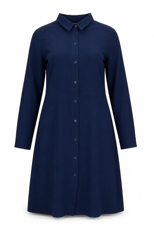 Front view of Label Be women’s blue polyester a-line, size UK 14, collared button