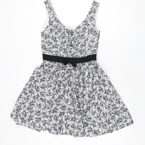 New Look Womens White Floral Cotton Skater Dress Size 12 V-Neck Zip