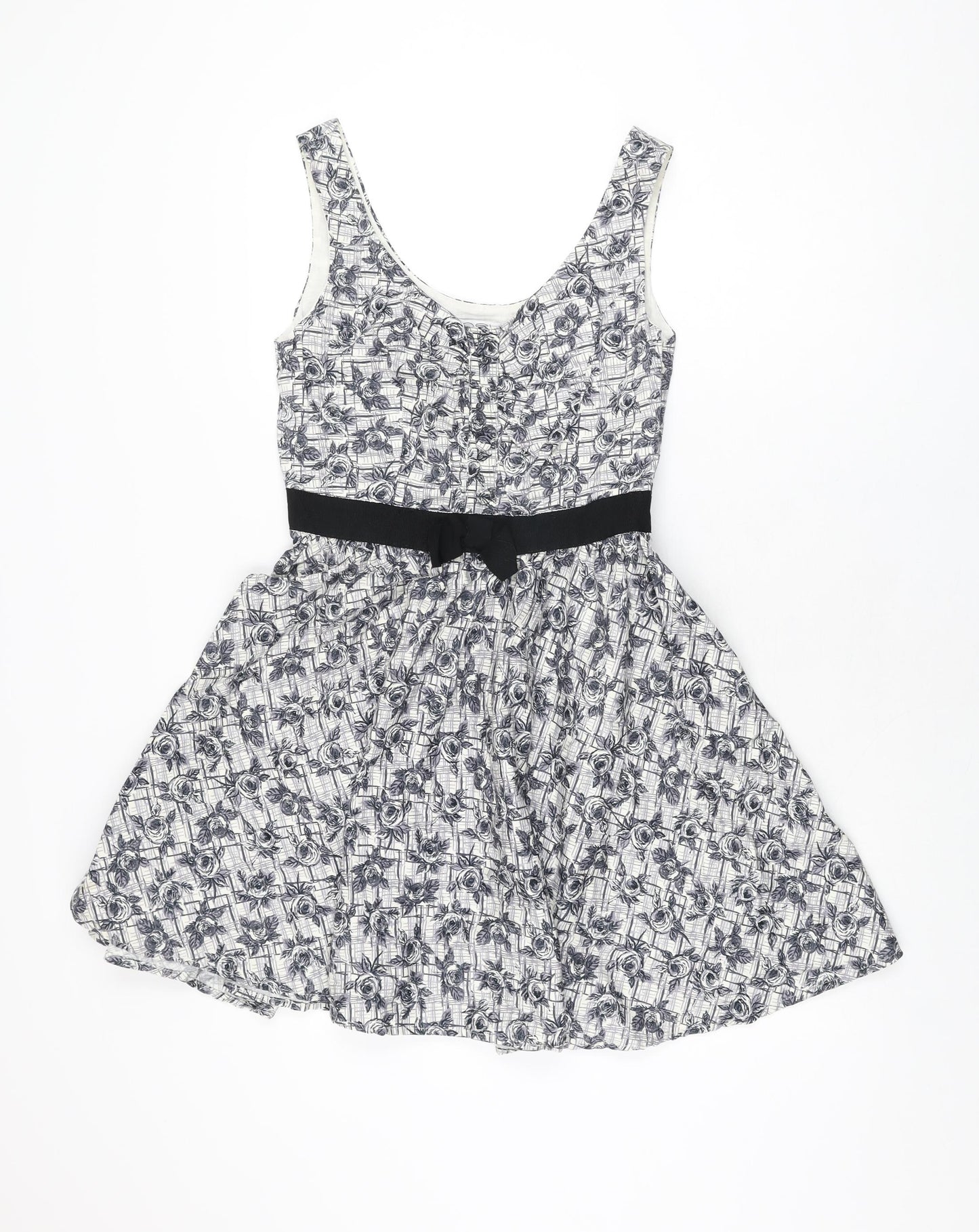 New Look Womens White Floral Cotton Skater Dress Size 12 V-Neck Zip