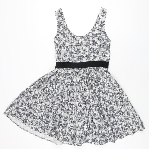 New Look Womens White Floral Cotton Skater Dress Size 12 V-Neck Zip