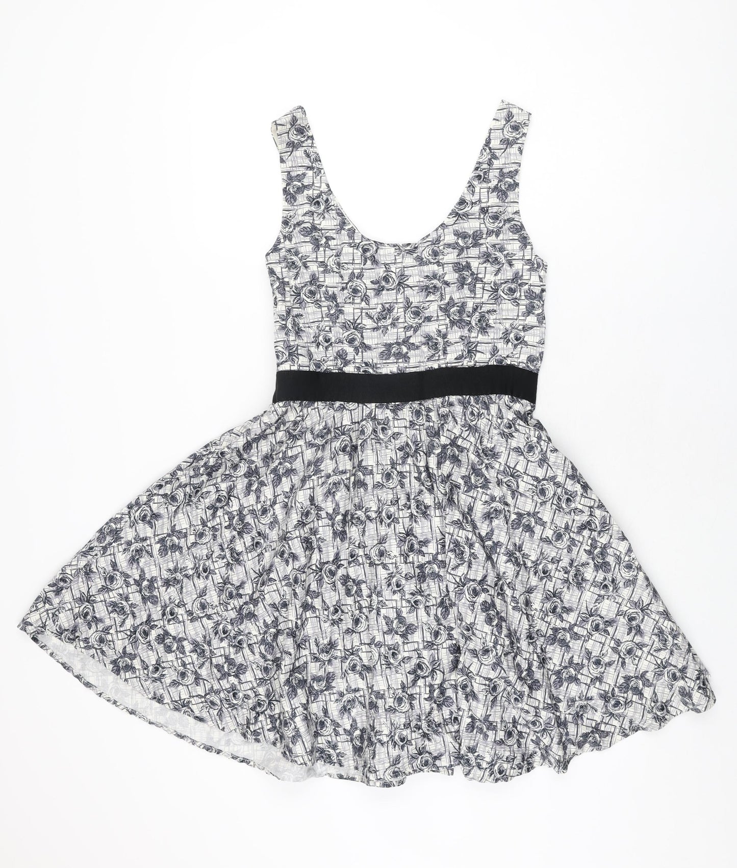 New Look Womens White Floral Cotton Skater Dress Size 12 V-Neck Zip