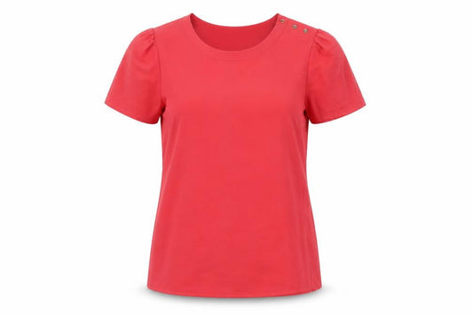Front view of Oasis women’s red polyester basic t-shirt, size UK 12, round neck