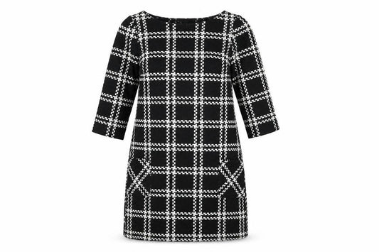 Front view of New Look women’s black geometric polyester shift, size UK 6, boat neck pullover