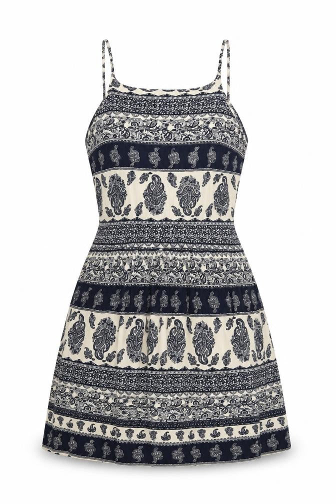 Front view of Parisian Collection women’s blue geometric polyester mini, size UK 8, scoop neck zip
