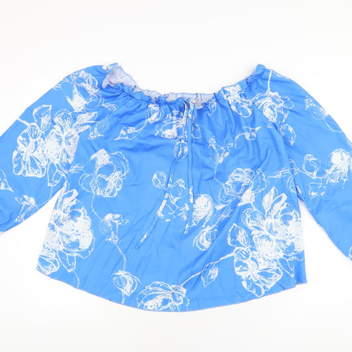 EARO Womens Blue Floral Polyester Basic Blouse Size XL Off the Shoulder