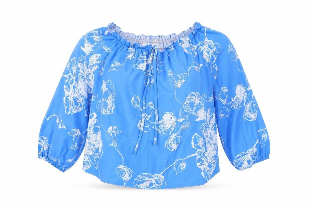 Front view of EARO women’s blue floral polyester basic blouse, size XL, off the shoulder