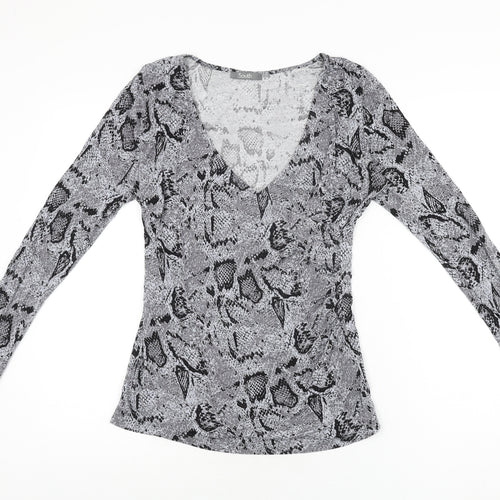 South Womens Grey Animal Print Viscose Basic T-Shirt Size 12 V-Neck - Snake Print
