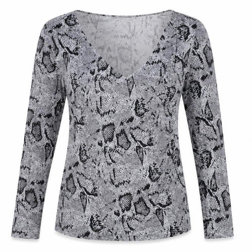 South Womens Grey Animal Print Viscose Basic T-Shirt Size 12 V-Neck - Snake Print