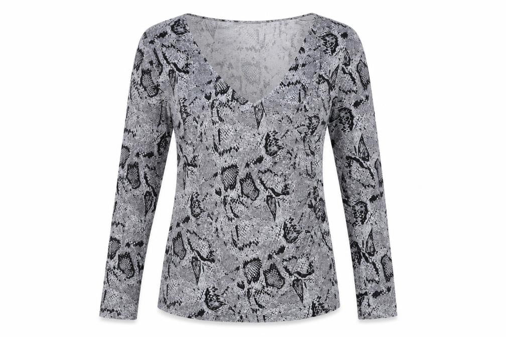 South Womens Grey Animal Print Viscose Basic T-Shirt Size 12 V-Neck - Snake Print