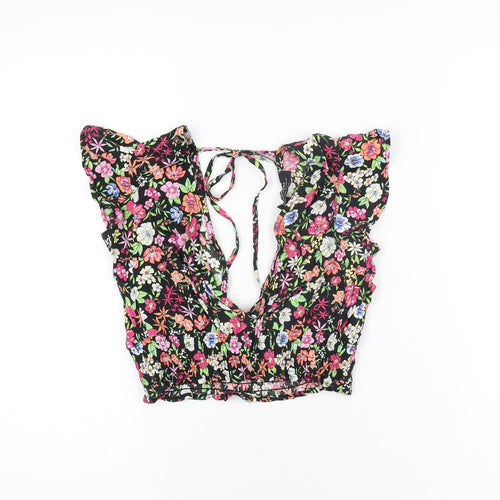 Bershka Womens Black Floral Viscose Cropped T-Shirt Size XS V-Neck