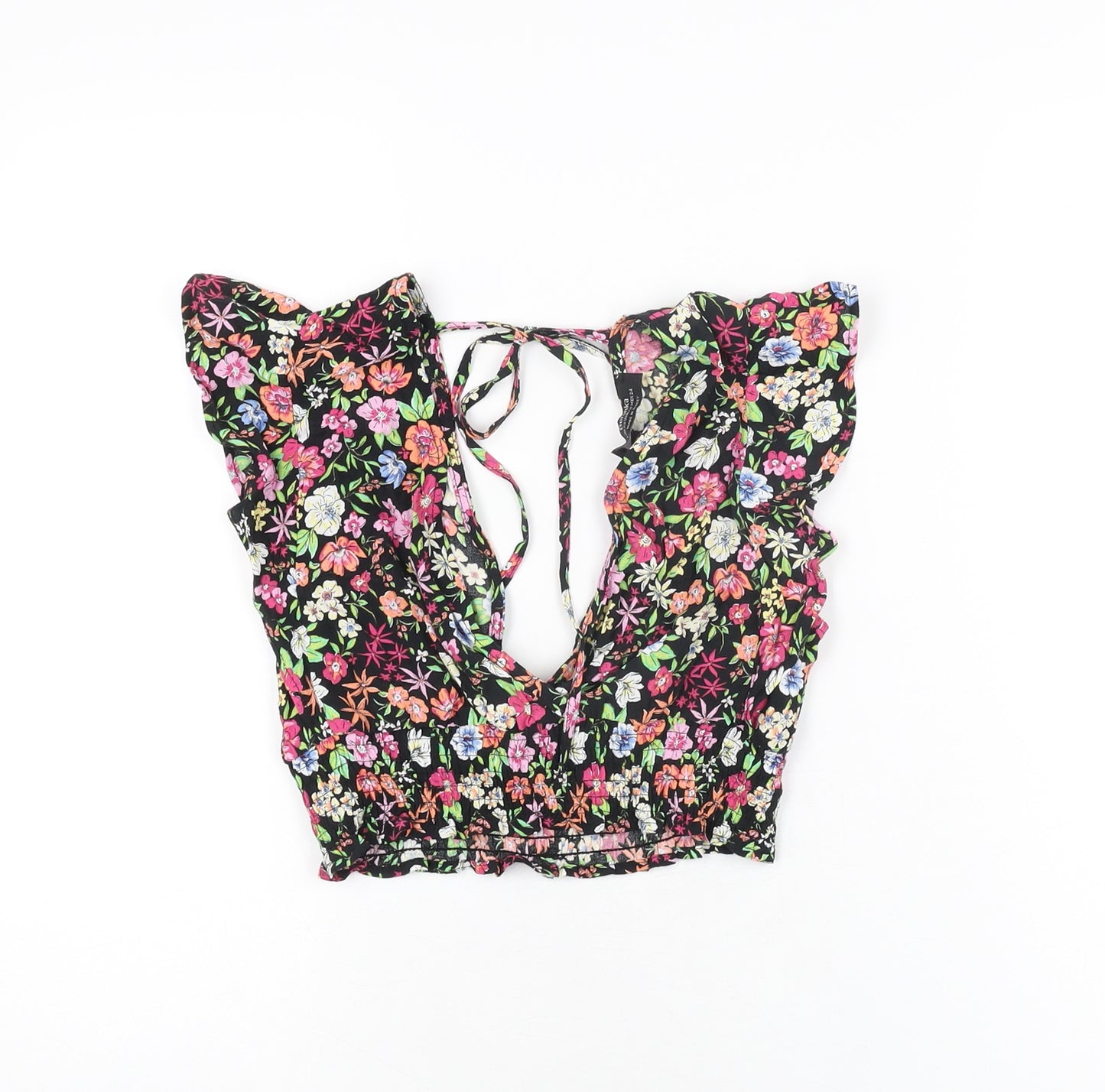 Bershka Womens Black Floral Viscose Cropped T-Shirt Size XS V-Neck