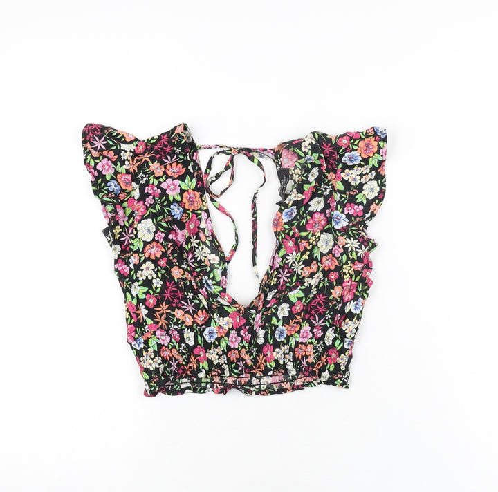 Bershka Womens Black Floral Viscose Cropped T-Shirt Size XS V-Neck