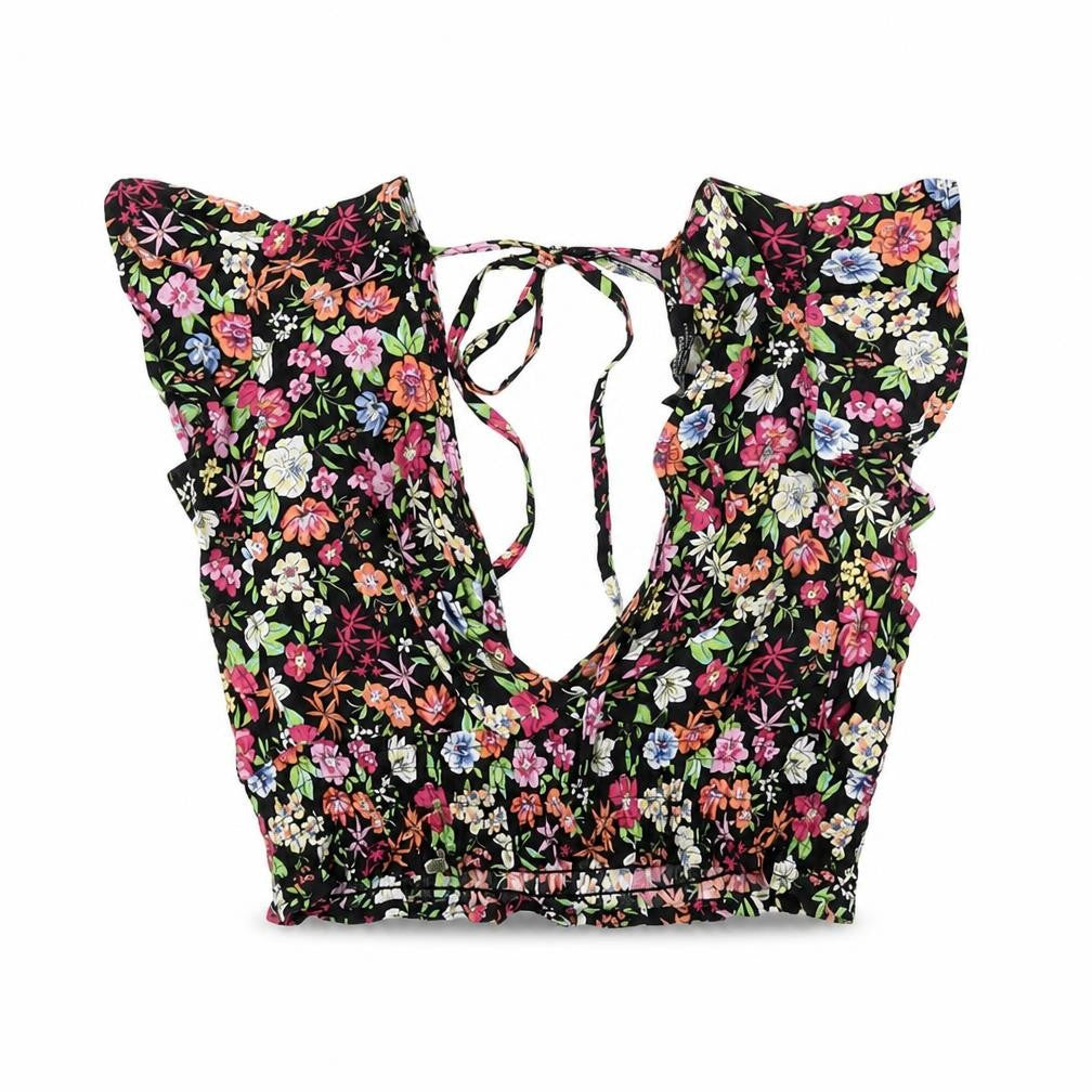 Bershka Womens Black Floral Viscose Cropped T-Shirt Size XS V-Neck