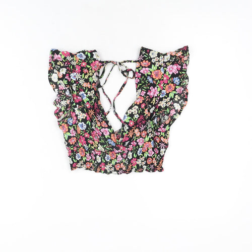 Bershka Womens Black Floral Viscose Cropped T-Shirt Size XS V-Neck