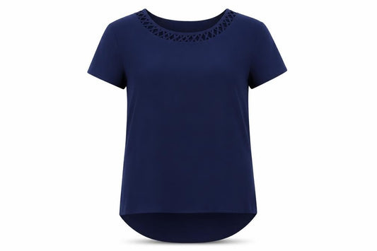 Front view of Fever women’s blue polyester basic t-shirt, size UK 8, round neck