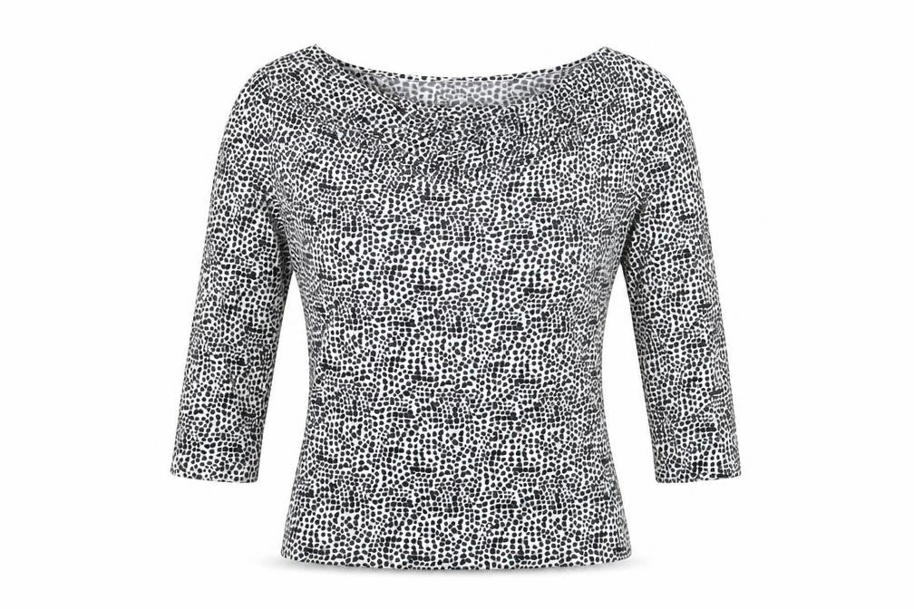 Front view of Linea women’s white geometric viscose basic t-shirt, size M, v-neck